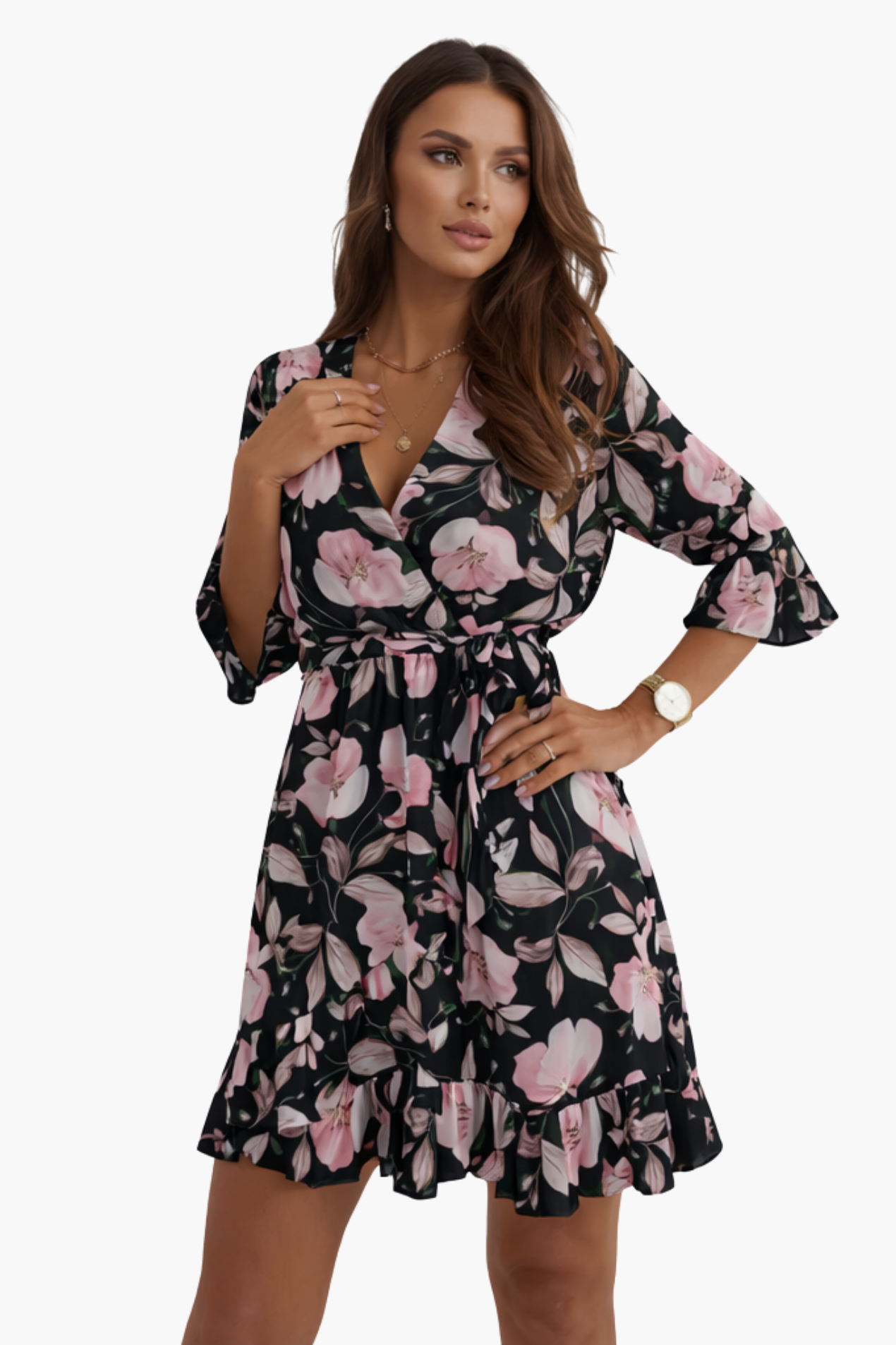 Robe Florale Femme – Col en V Portefeuille à Volants, Cocktail & Soirée Chic