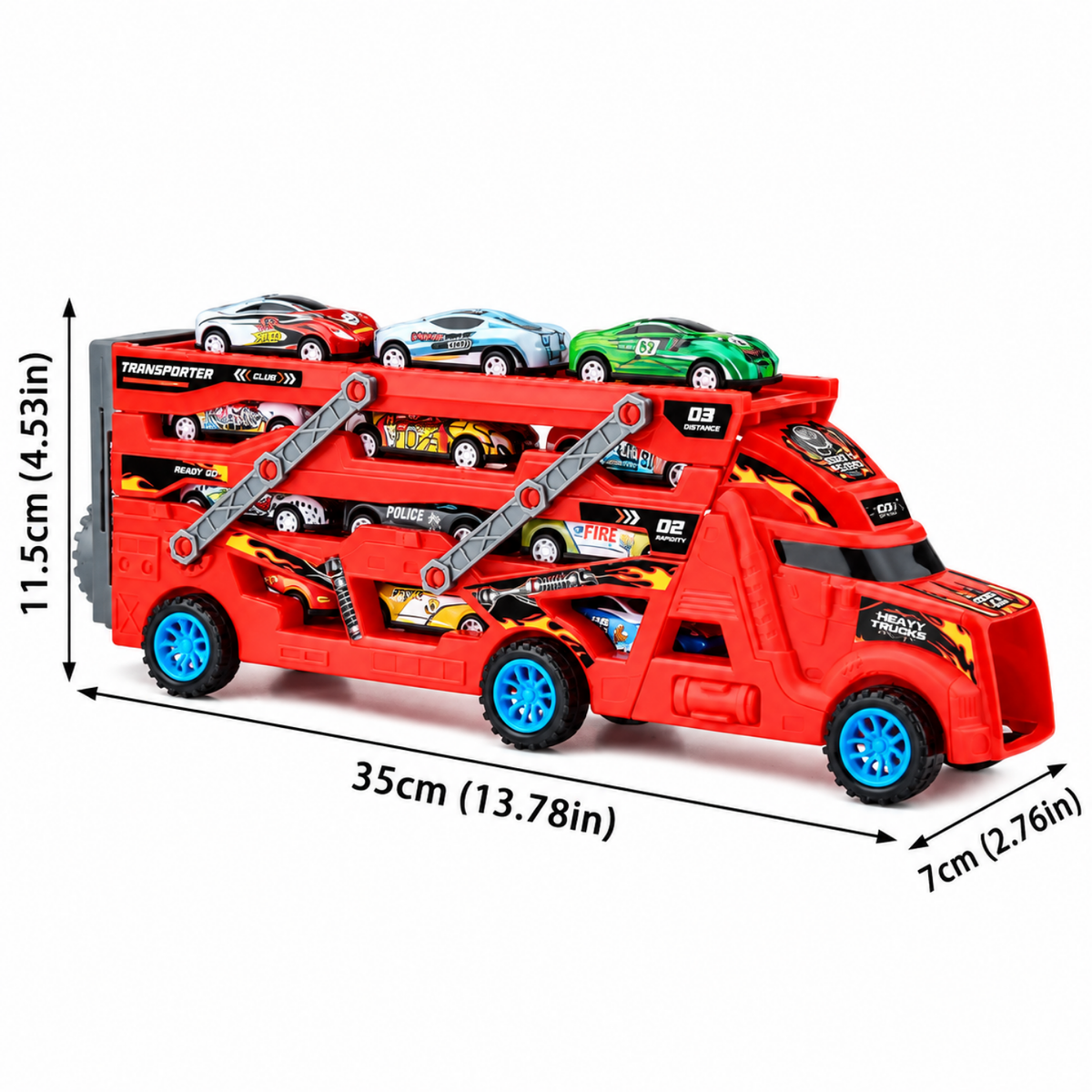 Camion transporteur transformable avec trois mini-voitures chargées et dimensions du produit
