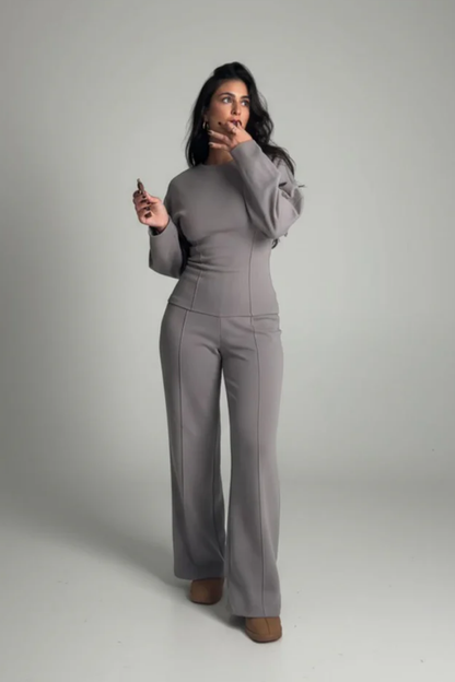 Ensemble Femme Élégant – Haut Ajusté à Manches Longues et Pantalon Large