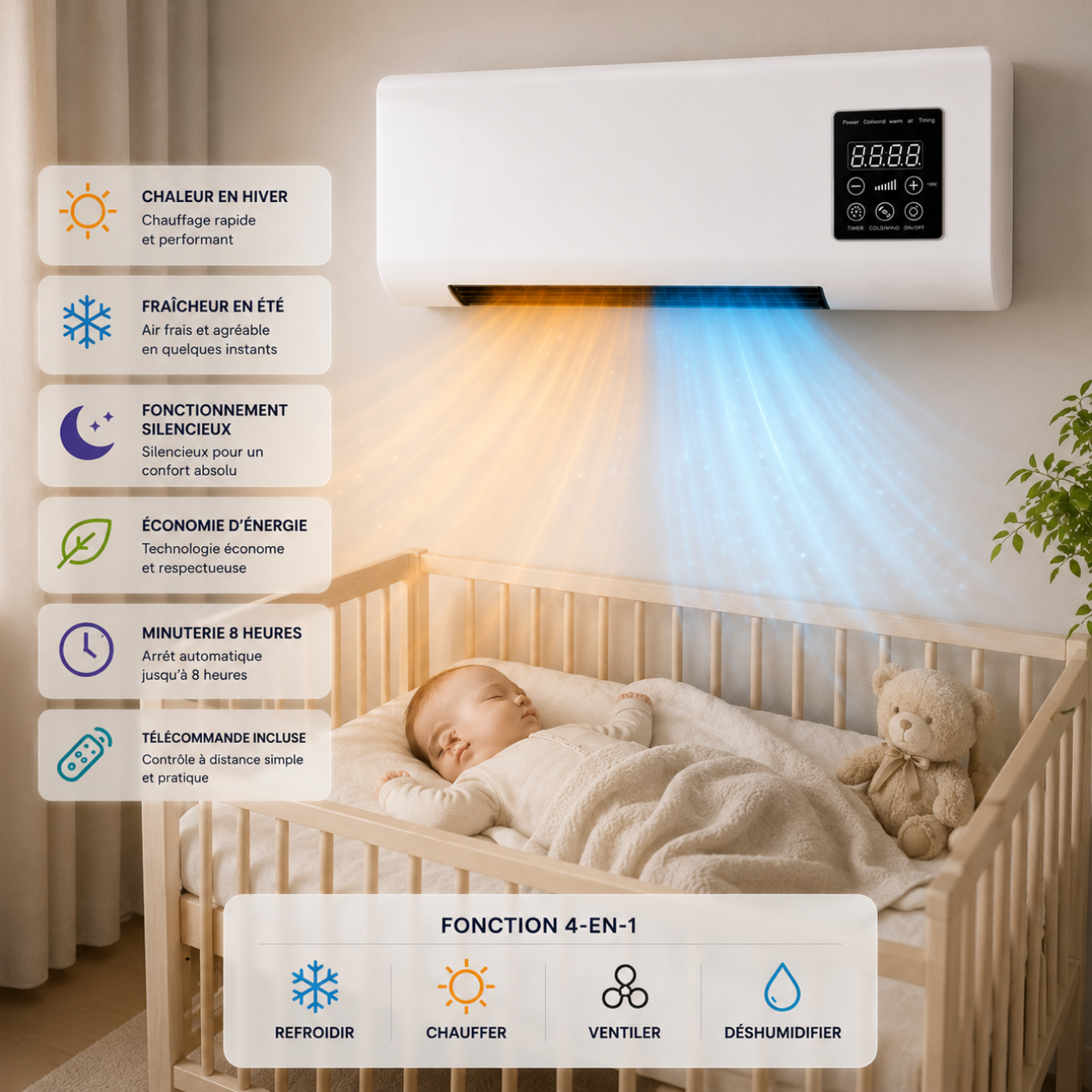 Climatiseur Mural Mobile 4-en-1 – Froid, Chaud, Ventilation & Déshumidification | Silencieux, Minuterie, LCD