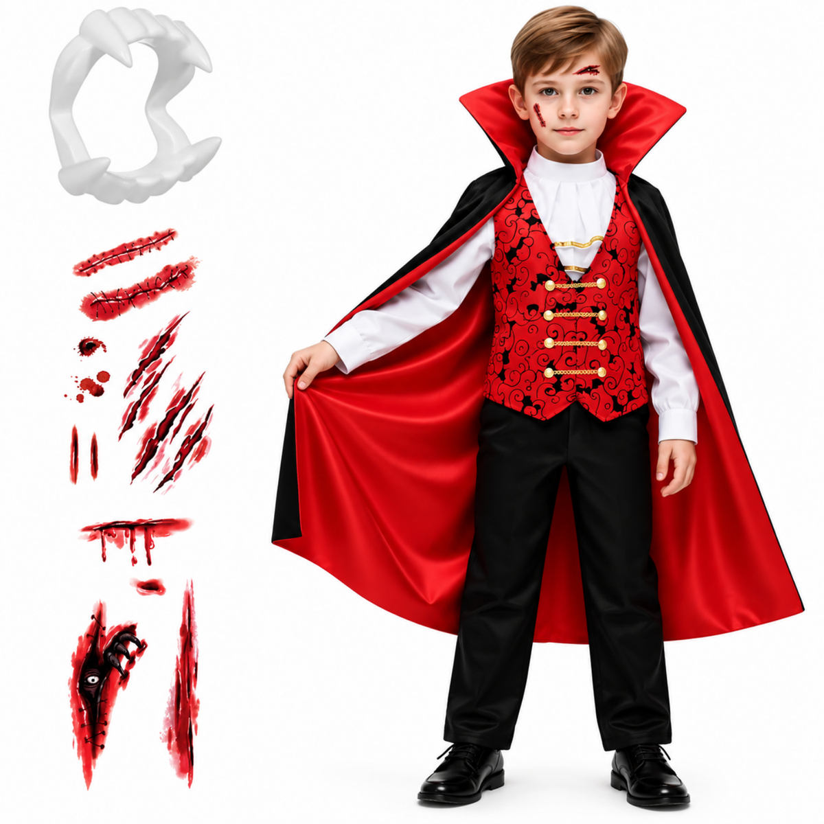 Costume de vampire pour garçon, détail de la cape et de la canne