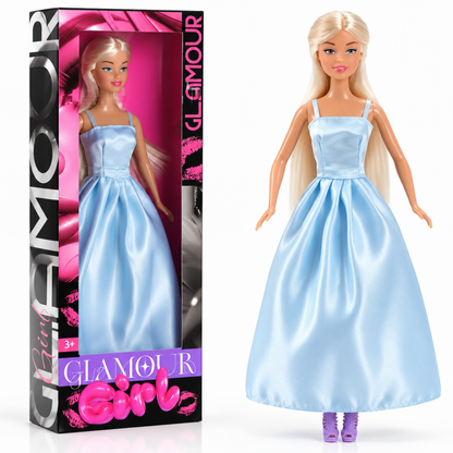 Poupée mannequin articulée en robe de soirée satinée bleu clair, avec son coffret cadeau