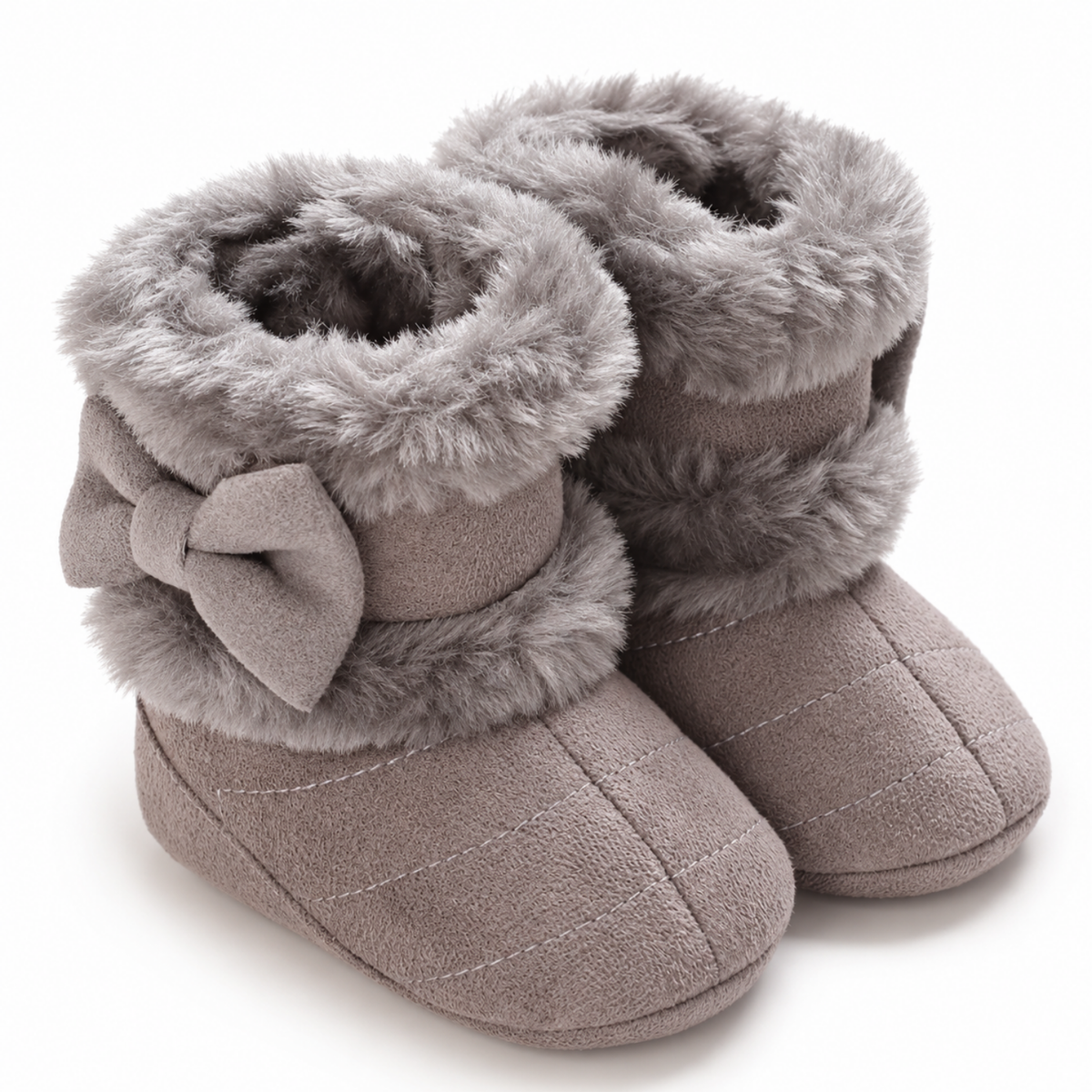 Bottines bébé grises en polaire avec nœud gris, chaussons d'hiver doux et chauds