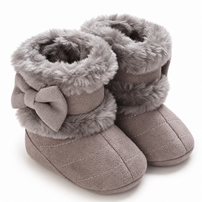 Bottines bébé grises en polaire avec nœud gris, chaussons d'hiver doux et chauds