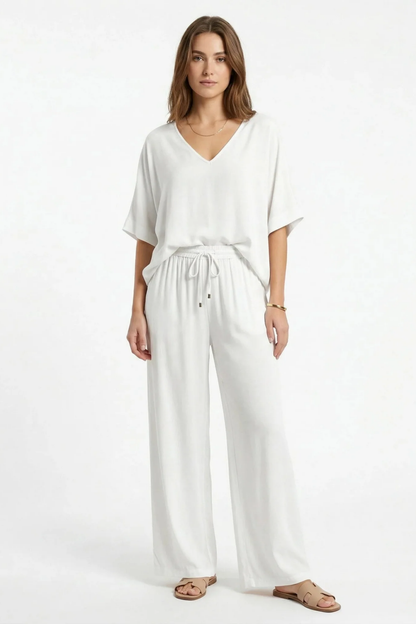 Ensemble Femme 2 Pièces – Haut Col V et Pantalon Large Fluide