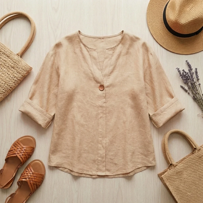 Blouse Femme en Lin – Coupe Fluide et Col en V Respirant | Blouse Lin Décontractée