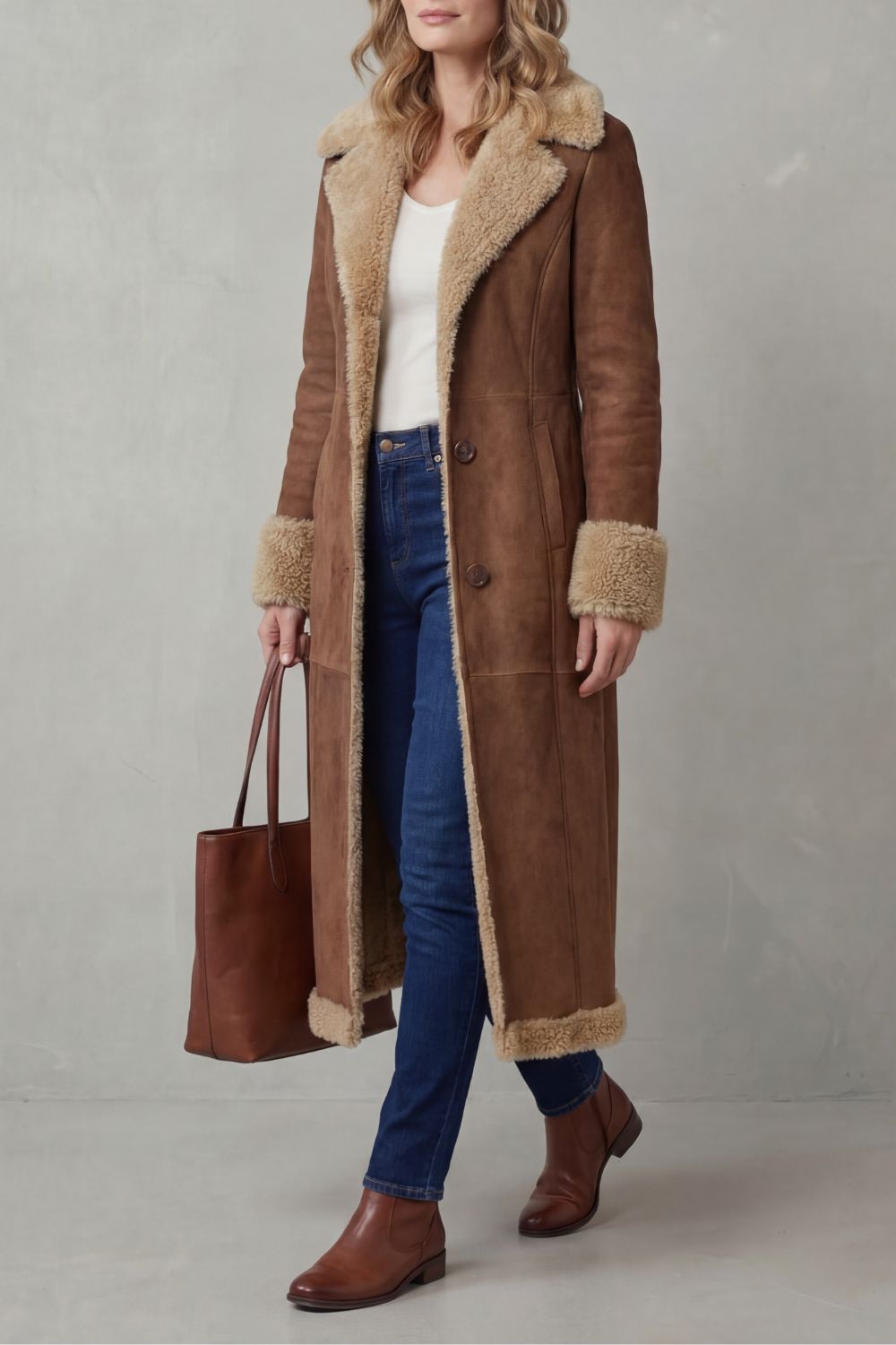 Manteau long doublé peau de mouton, vue portée