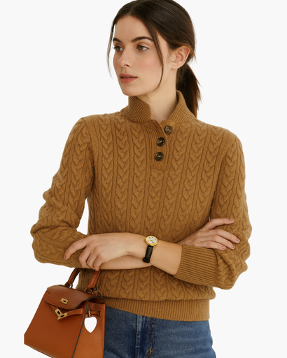 Pull Femme Motif Câble Col Montant Boutonné marron camel - vue de face - Melvoire