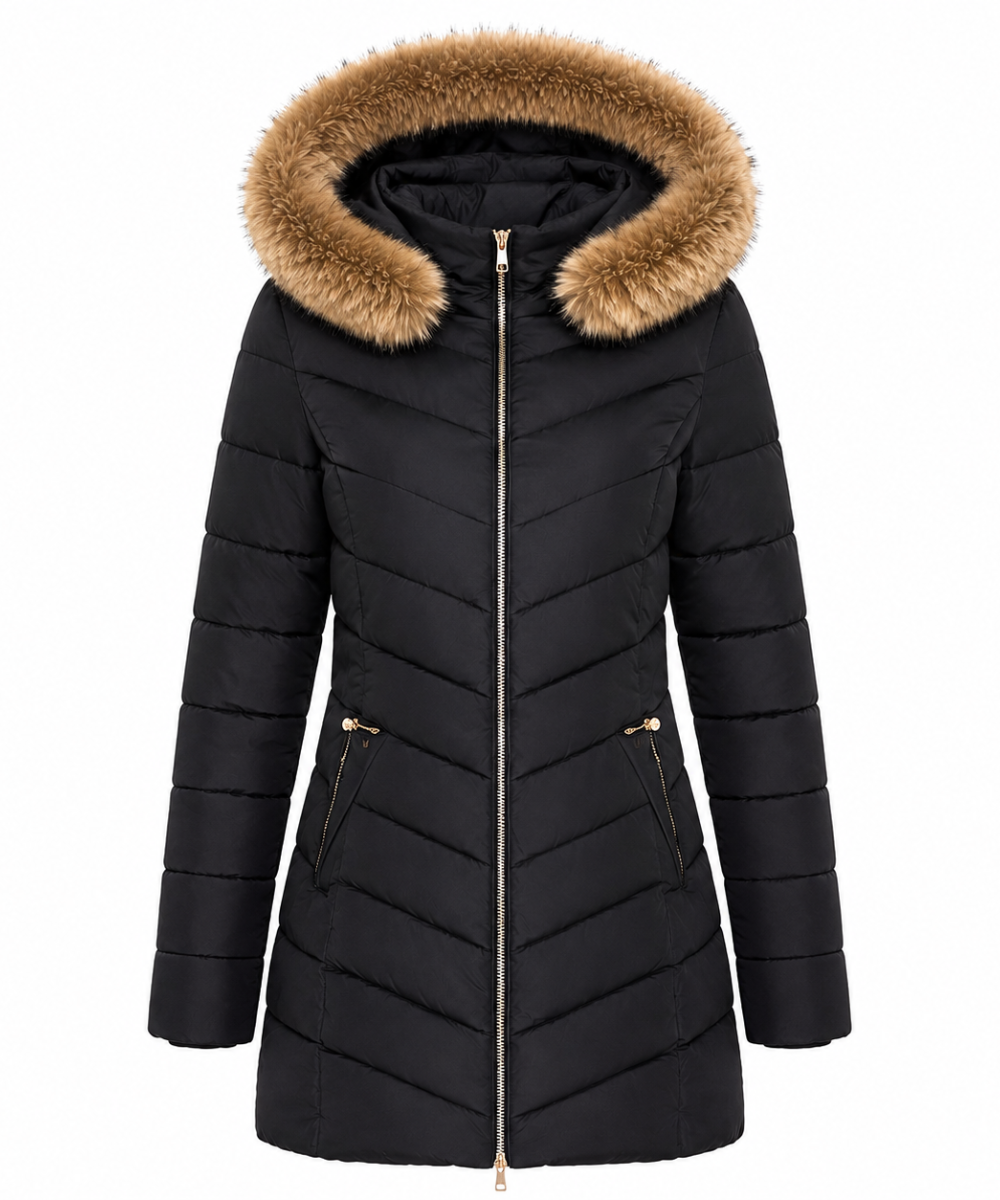 Manteau long femme matelassé à capuche fausse fourrure noir, vue de dos