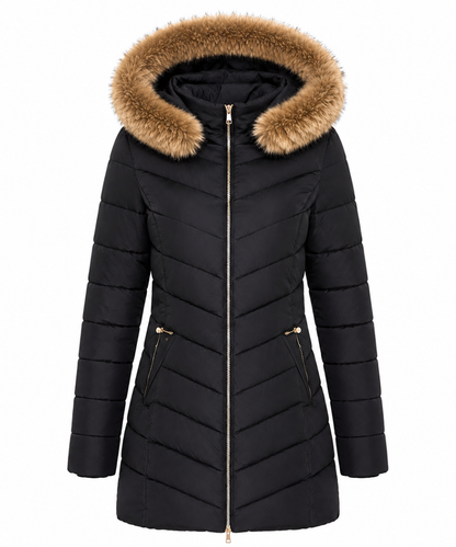 Manteau long femme matelassé à capuche fausse fourrure noir, vue de dos