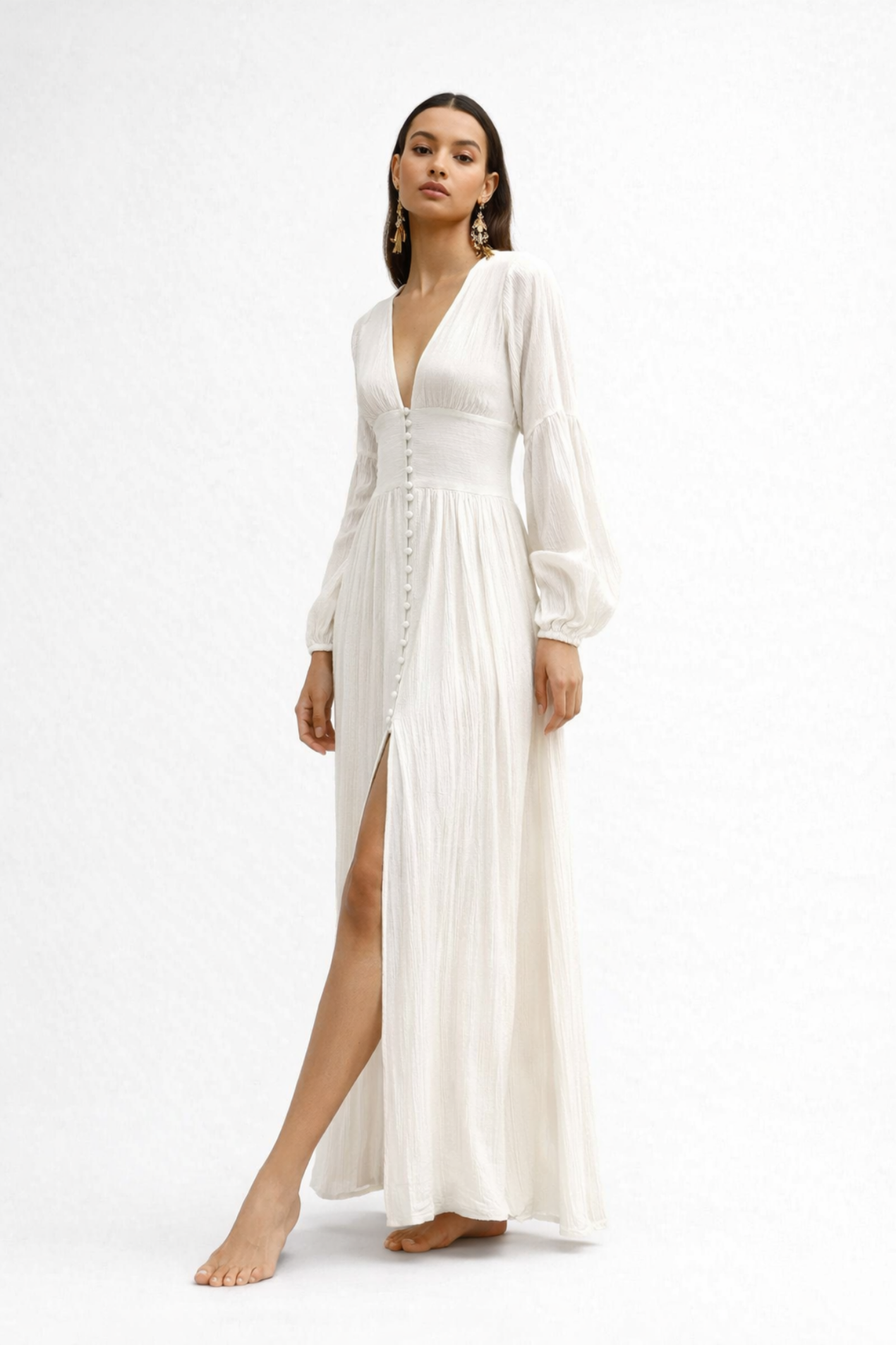 Vestito Lungo Donna con Scollo a V – Abito Fluido Elegante a Maniche Lunghe