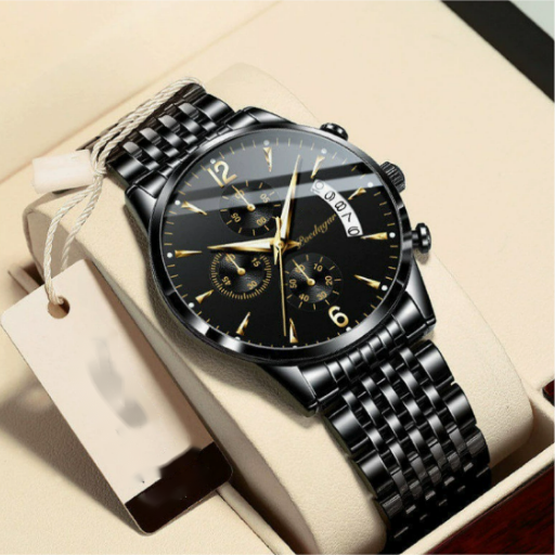 Montre Homme Élégante – Acier Inoxydable Noir & Détails Dorés