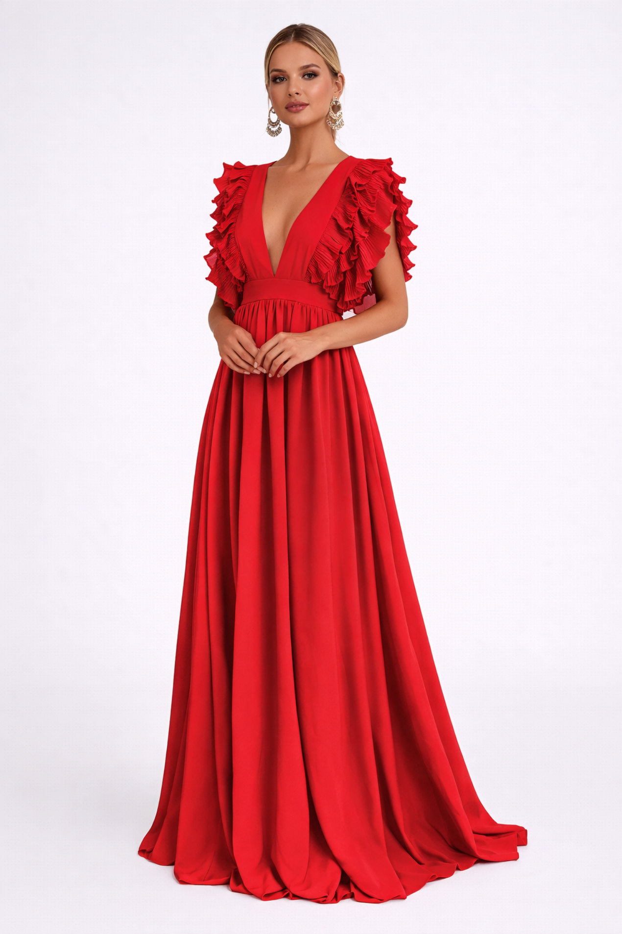 Abito Lungo da Donna Elegante – Scollo Plunging e Volant Romantici