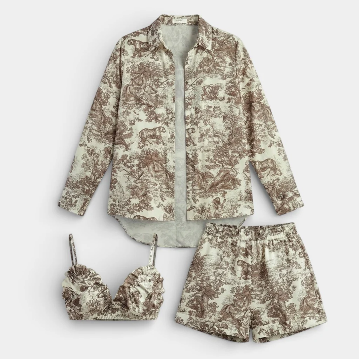 Ensemble Femme 3 Pièces Imprimé Floral – Chemise, Top et Short Été