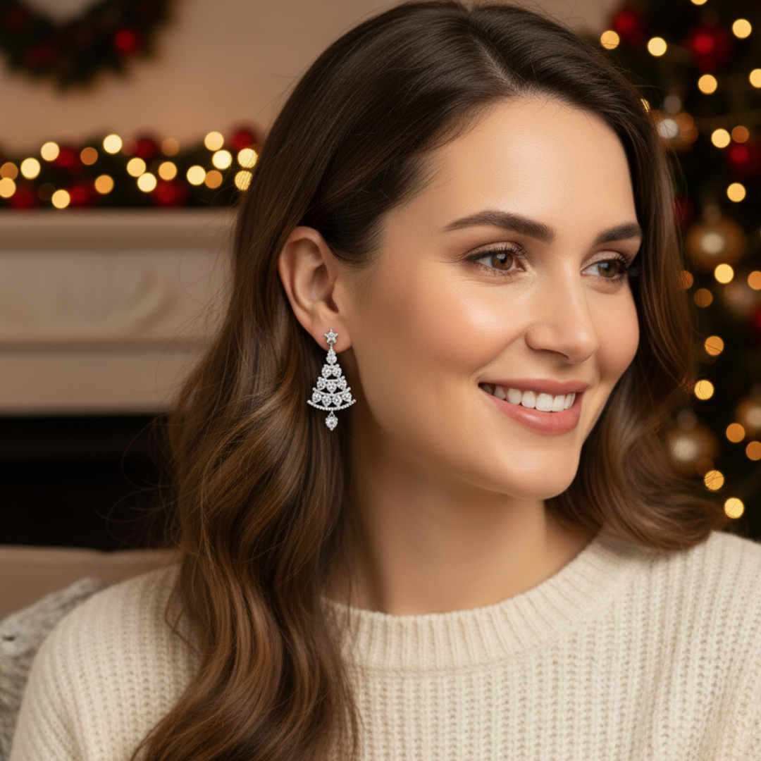 Boucles d'oreilles sapin de Noël, gros plan