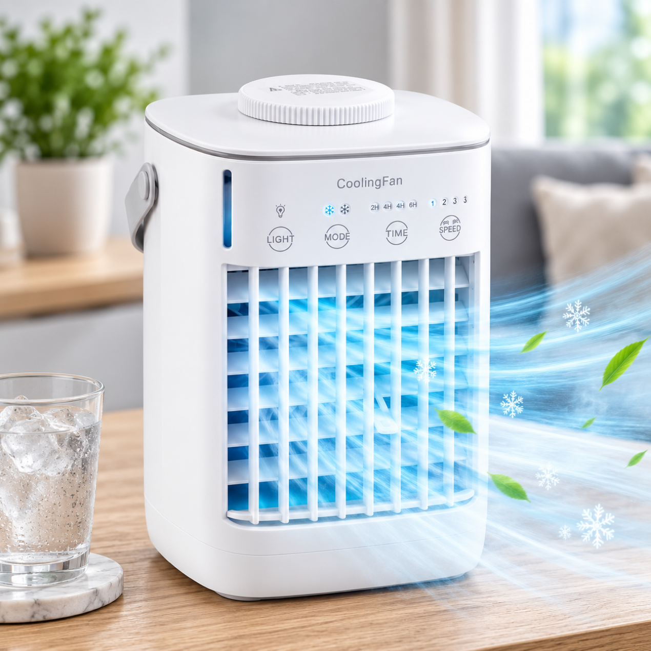 Climatiseur Mobile 3-en-1 Sans Tuyau – Rafraîchisseur & Ventilateur | 4 Vitesses, LED, Silencieux