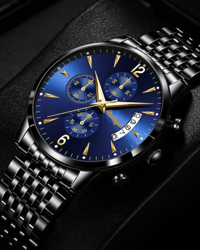 Montre Homme Élégante – Acier Inoxydable Noir & Détails Dorés