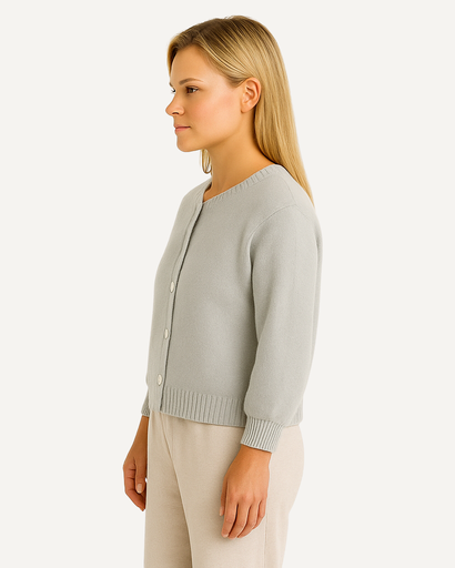 Gilet femme gris à manches bouffantes, vue de profil