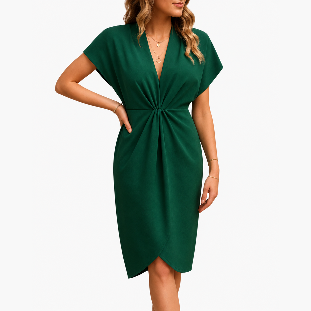 Robe cache-cœur midi vert émeraude à col V profond et taille drapée torsadée