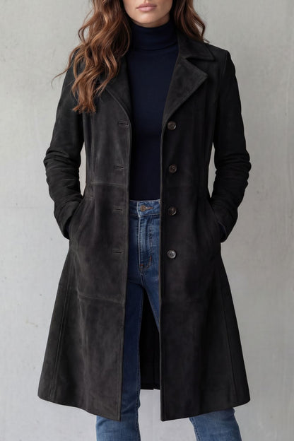 Manteau long vintage effet suédine noir, vue de face