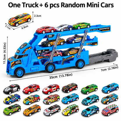 Camion transporteur transformable bleu avec six mini-voitures et dimensions du produit