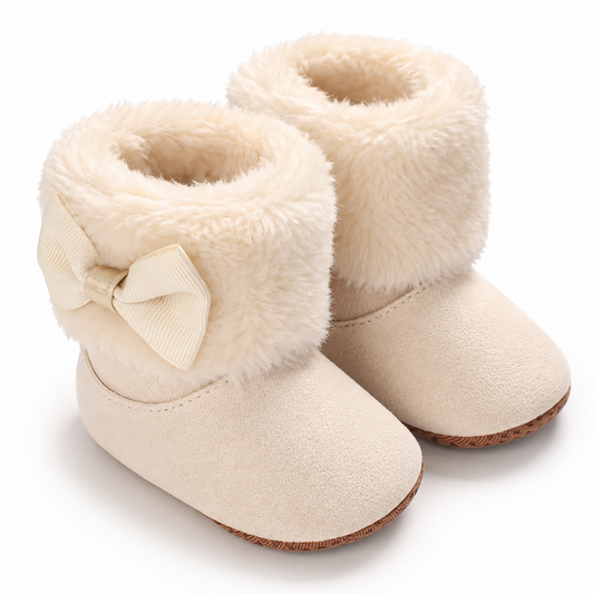 Bottines bébé camel en polaire avec nœud crème, chaussons d'hiver doux et chauds