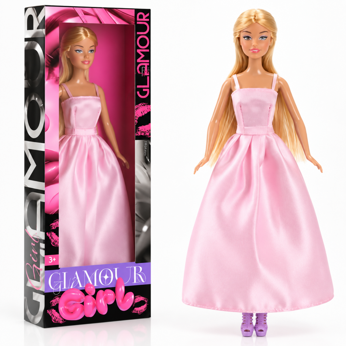 Poupée mannequin articulée en robe de soirée satinée rose, avec son coffret cadeau