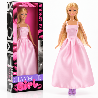 Poupée mannequin articulée en robe de soirée satinée rose, avec son coffret cadeau