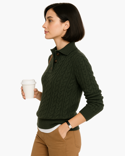 Pull Femme Motif Câble Col Montant Boutonné vert foncé - vue de côté - Melvoire