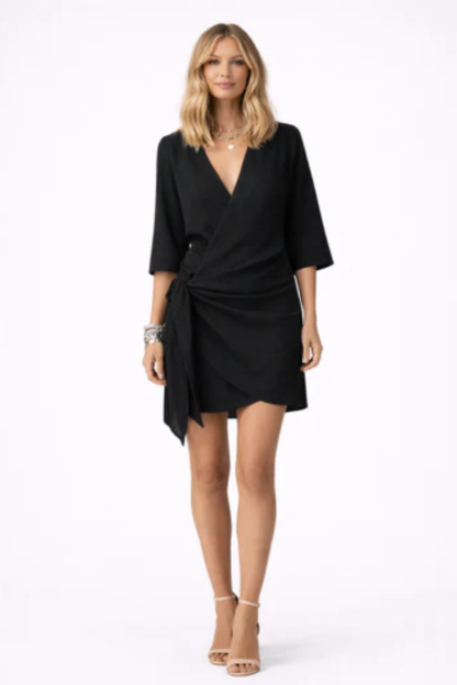 Robe Portefeuille Femme – Col en V & Manches 3/4, Coupe Croisée Taille Marquée