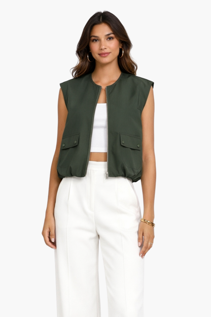Gilet Femme Sans Manches Zippé – Veste Courte Élégante Style Utility