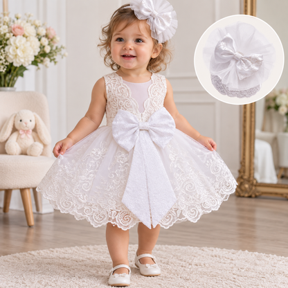 Robe de fête en dentelle pour bébé fille avec bandeau à nœud assorti