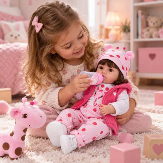 Poupée Reborn Bébé 45cm tenue girafe rose, vue de face