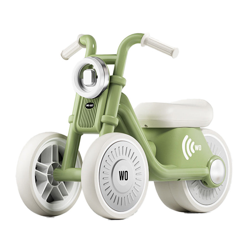 Draisienne enfant style moto vert mousse à 3 roues, vue produit