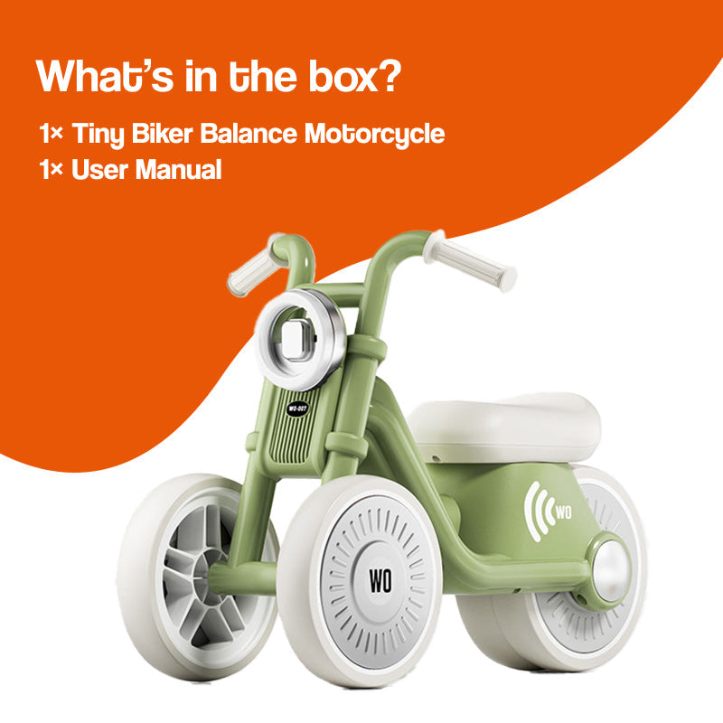 Draisienne moto vert mousse présentée avec sa boîte d'emballage