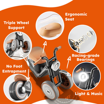 Caractéristiques de la draisienne moto : phare LED, selle ergonomique, roues arrière doubles