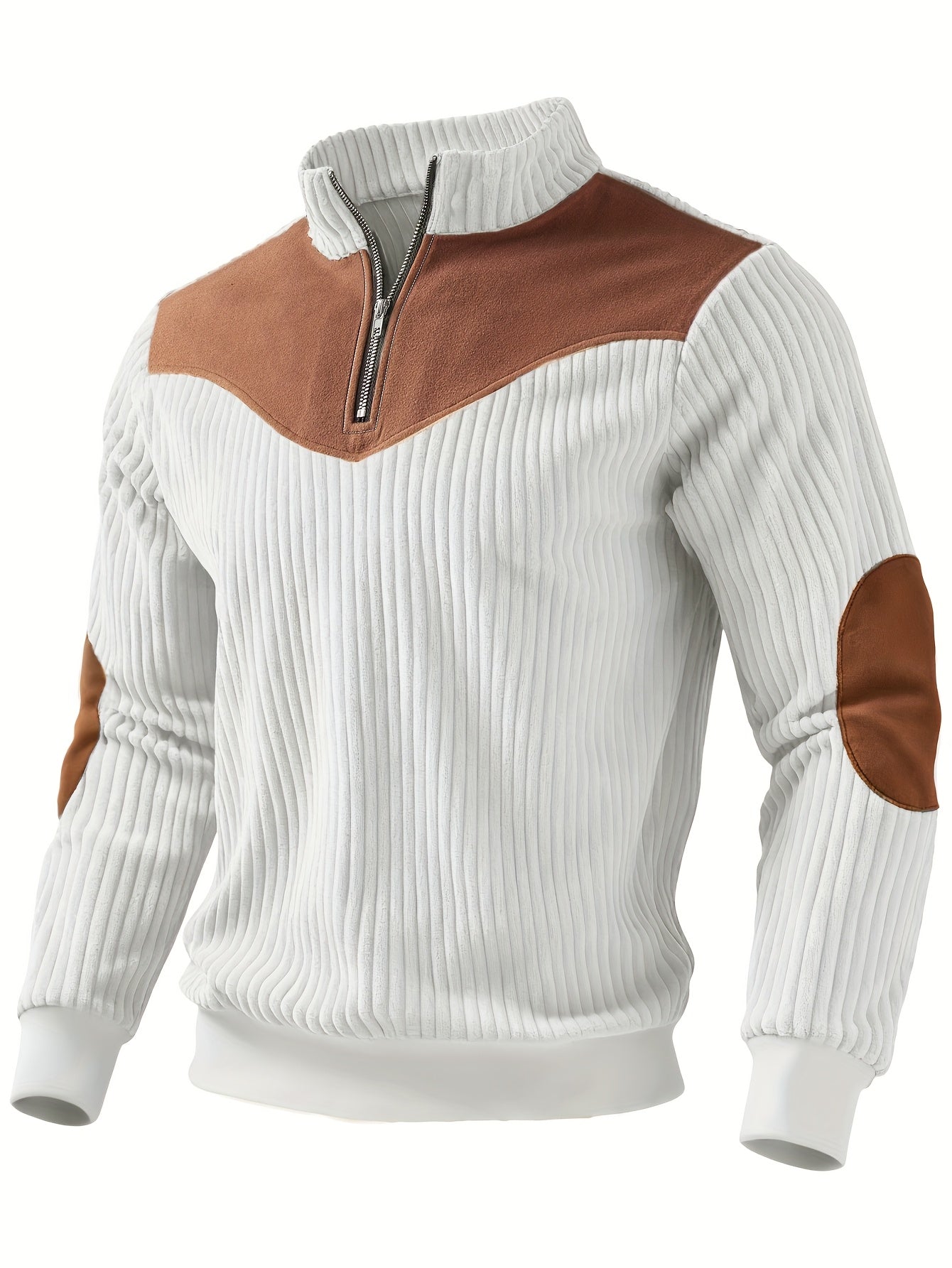 Pull demi-zip côtelé blanc avec empiècements suédine marron