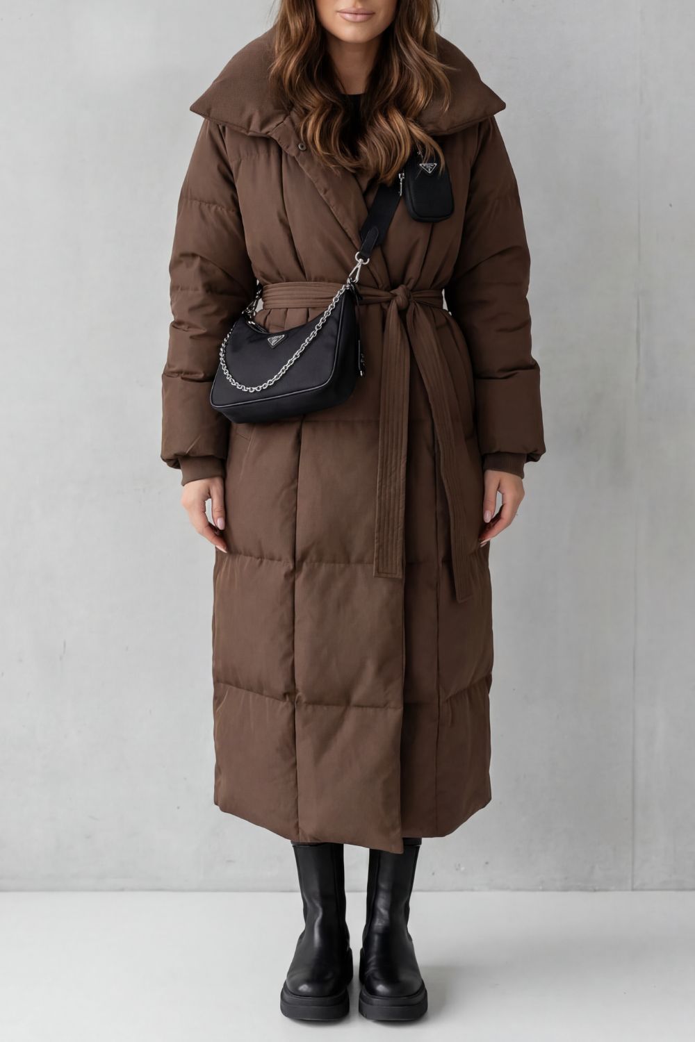Doudoune longue ceinturée femme, coloris Marron