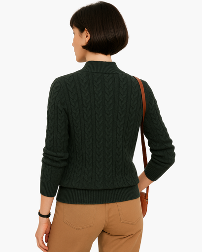 Pull Femme Motif Câble Col Montant Boutonné vert foncé - vue de dos - Melvoire