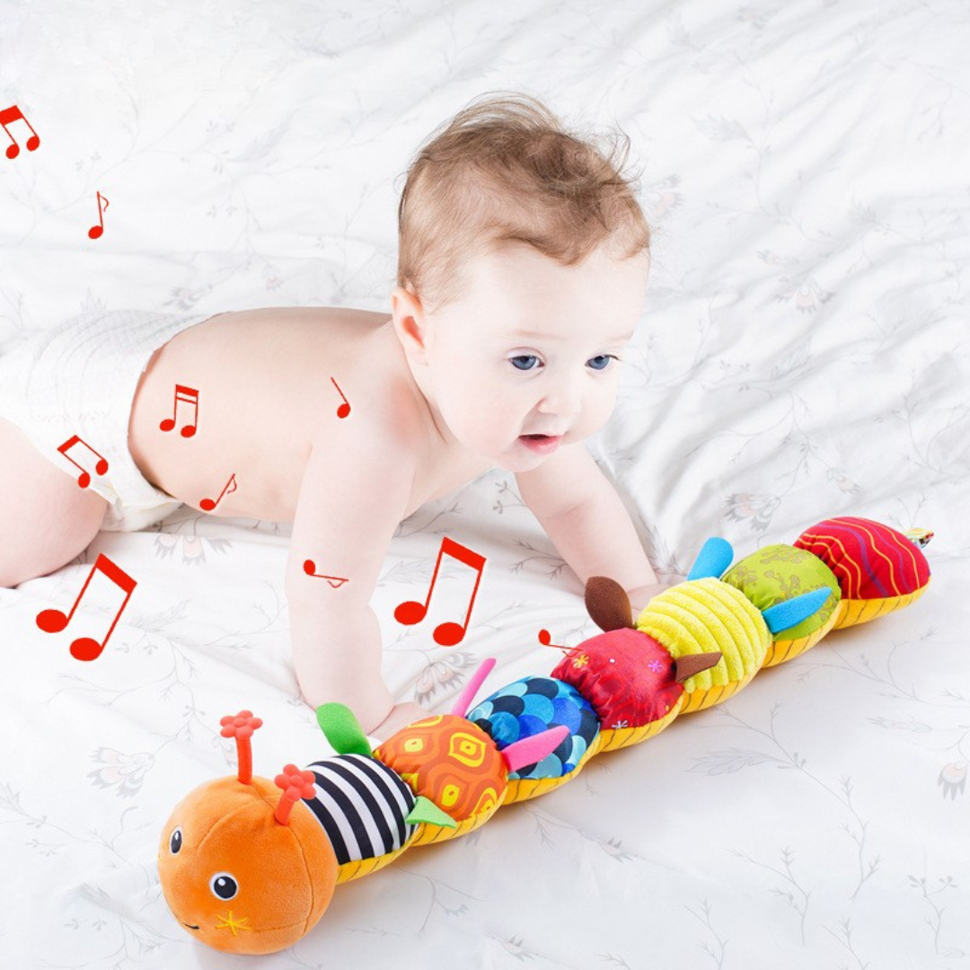 Chenille sensorielle bébé en peluche orange