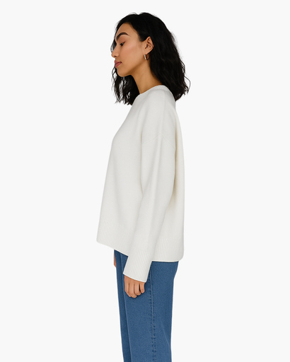 Pull Oversize Femme Col Rond Maille Unie blanc - vue de côté - Melvoire