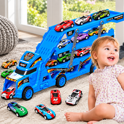 Enfant jouant avec le camion transporteur transformable bleu et ses mini-voitures