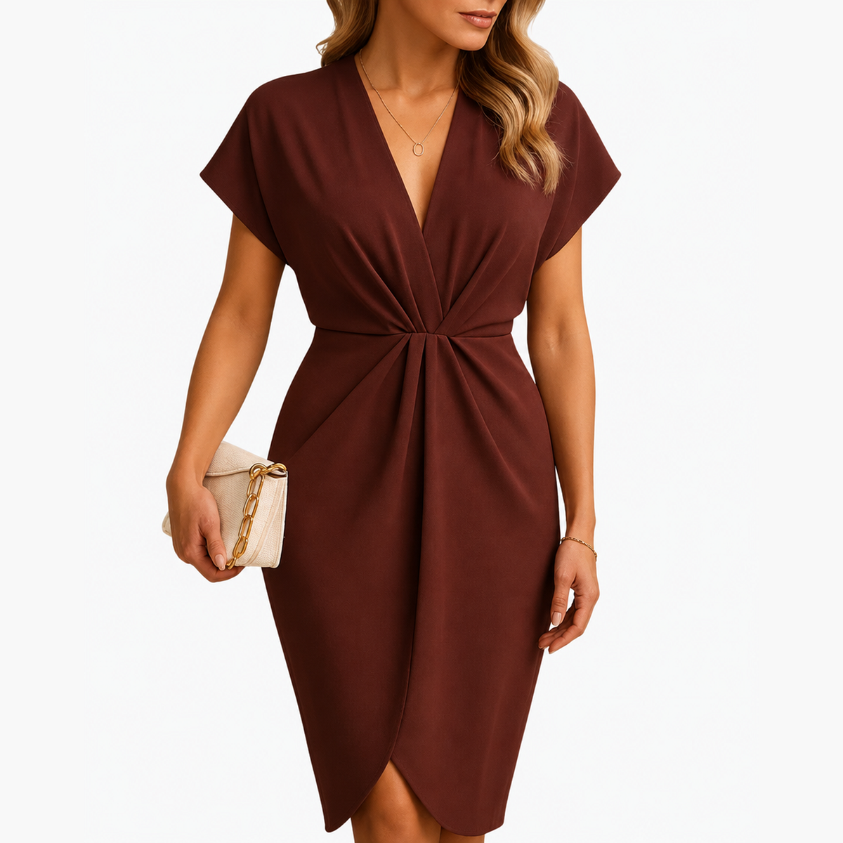 Robe cache-cœur midi bordeaux à col V et manches courtes, ourlet asymétrique