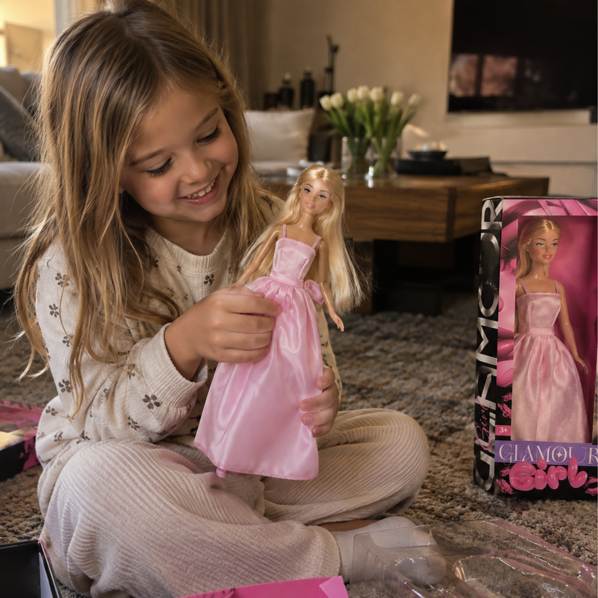 Enfant jouant avec la poupée mannequin en robe de soirée rose, à côté du coffret cadeau