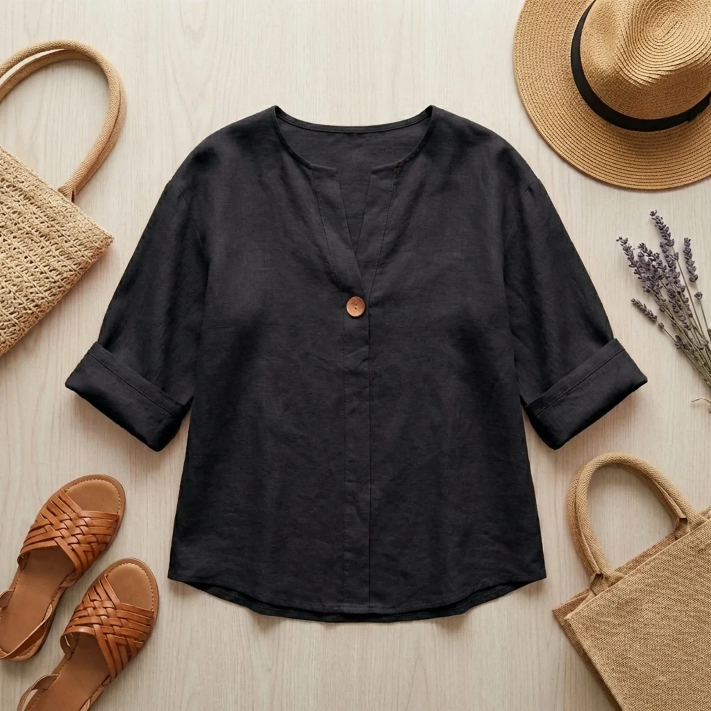 Blouse Femme en Lin – Coupe Fluide et Col en V Respirant | Blouse Lin Décontractée