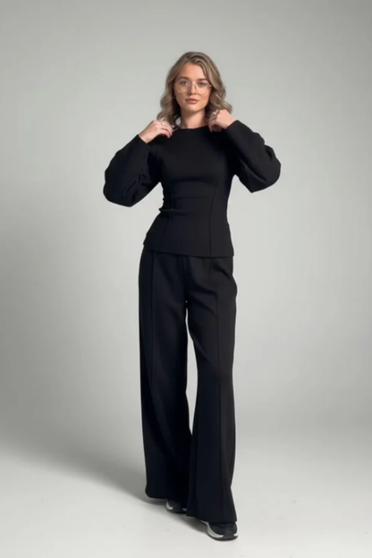 Ensemble Femme Élégant – Haut Ajusté à Manches Longues et Pantalon Large