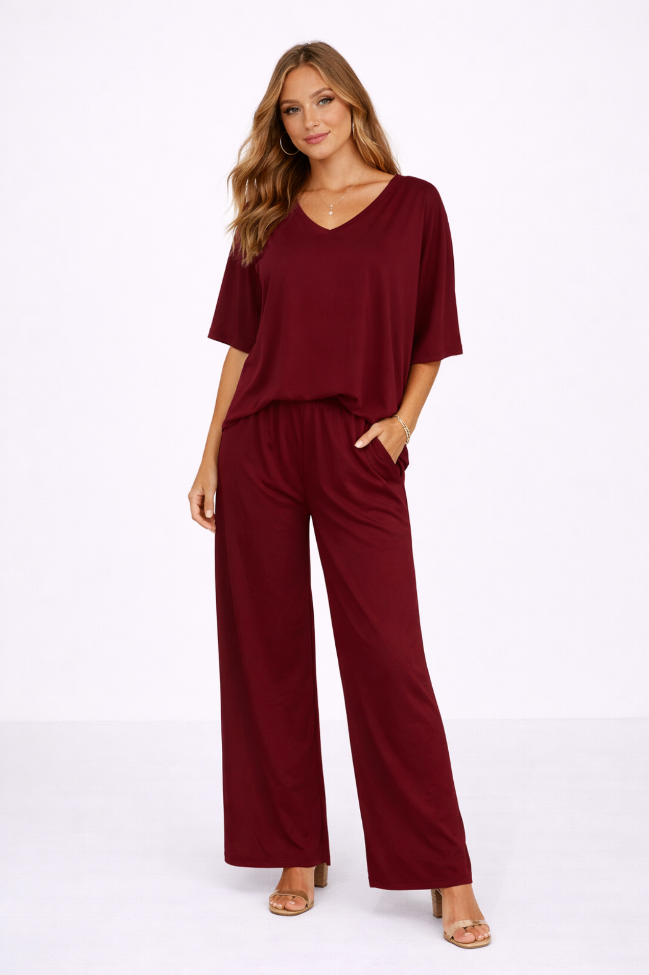 Ensemble Femme 2 Pièces – Haut Col V et Pantalon Large Fluide