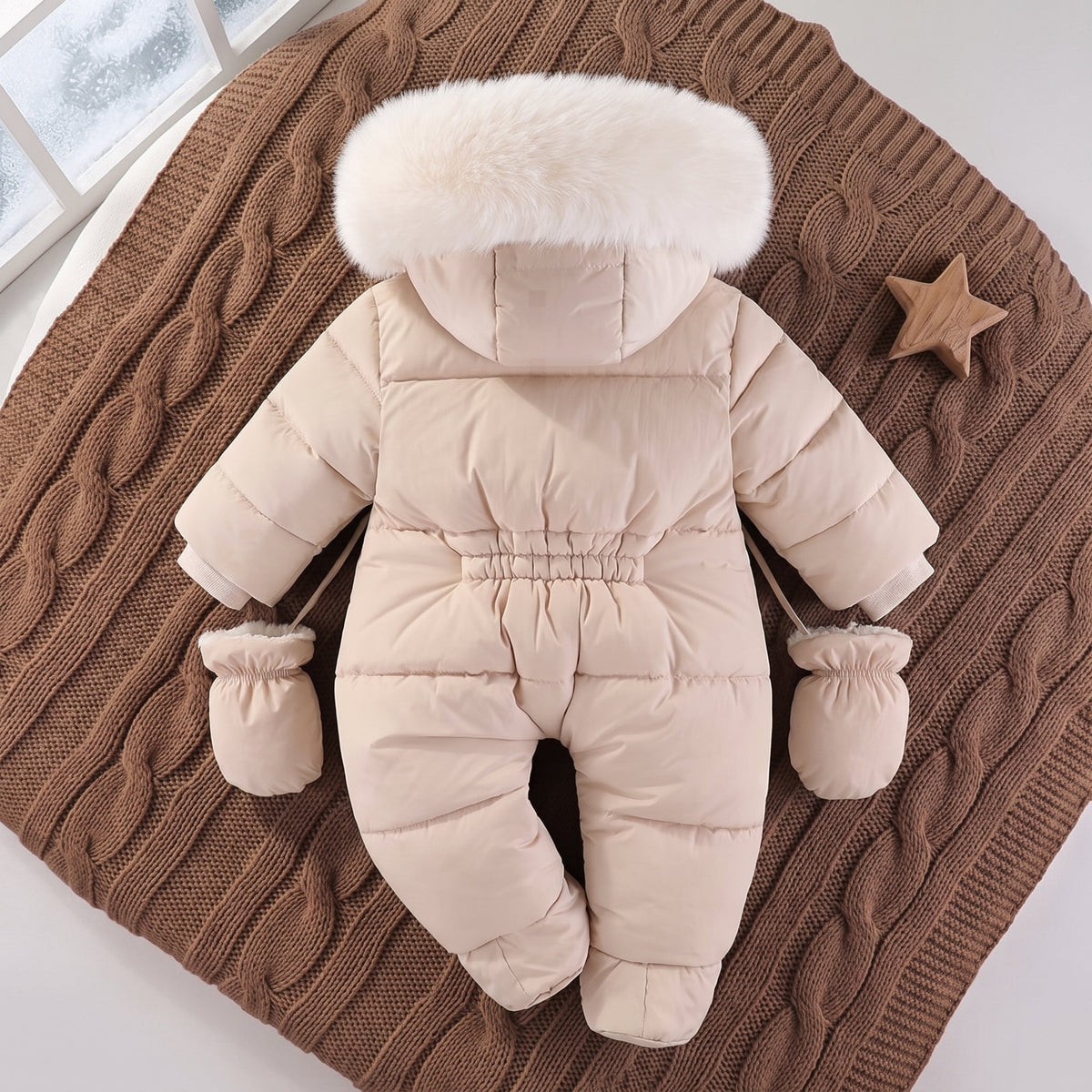 Combinaison pilote bébé beige vue de dos avec moufles, sur une couverture