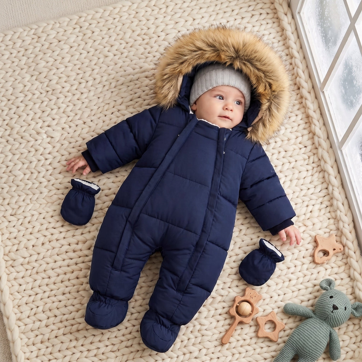 Bébé portant la combinaison pilote hiver bleu marine à capuche fourrée