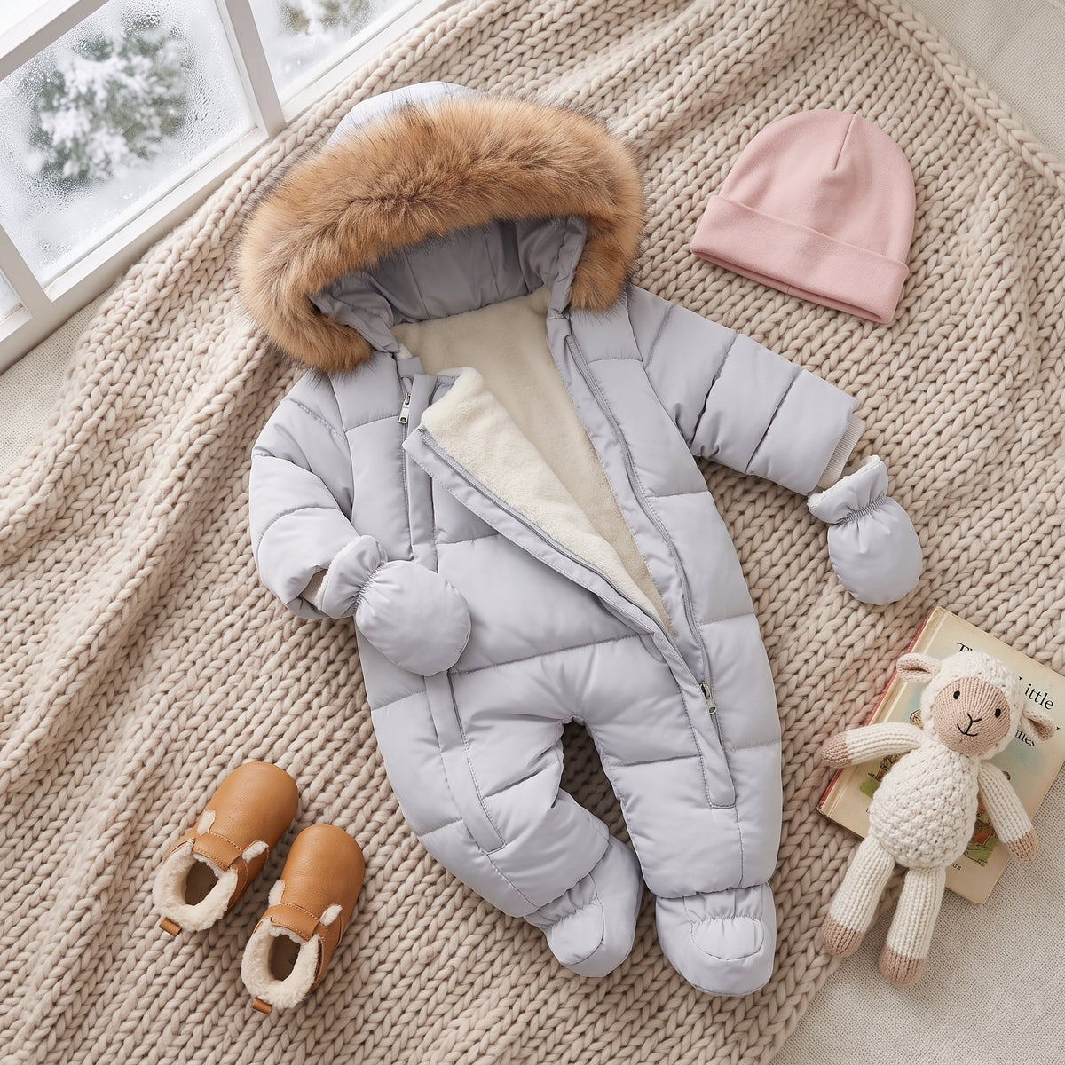 Combinaison pilote bébé grise à plat avec doublure polaire et capuche en fausse fourrure